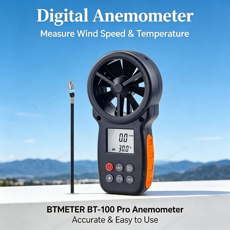 Anemometer Wind Speed - BT-100 เครื่องวัดความเร็วลมแบบดิจิตอลแบบพกพาสำหรับการวัดความเร็วลม อุณหภูมิ และความเย็นของลม พร้อมจอ LCD